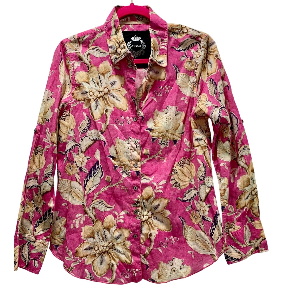 Cino Flora Hot Pink Floral Print Button Down Shirt Women's Long Sleeve Medium